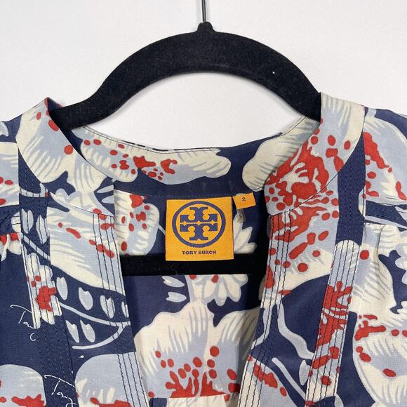 Tory Burch Size 2 Navy Blue Gray Red Floral Printed Long Sleeve Silk Blouse Top - Picture 7 of 10